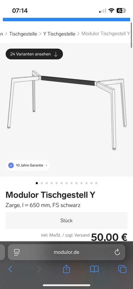 Modular Y Tischgestell Zarge L=650 mm Schwarz RAL 9011