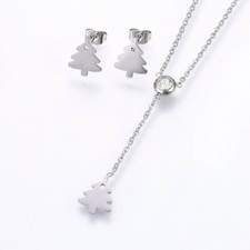 Cute Silver 304 Stainless Steel Christmas Tree Necklace  Earring Set