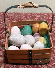 DOZEN VINTAGE 1980s MARBLE EGGS-ASSORTED COLORS WITH BASKET