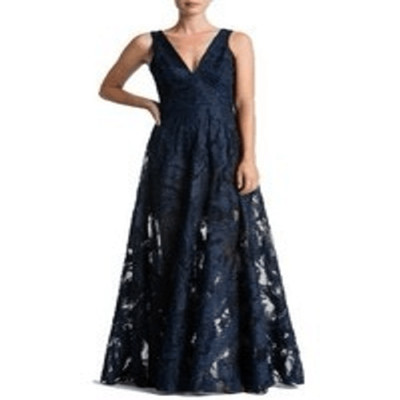 Dress the Population Marlene Plunging Embroidered Mesh Maxi Dress Navy Size M