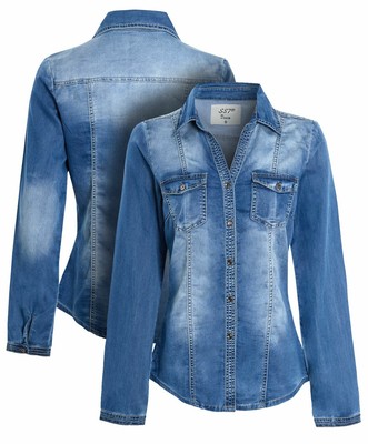 Womens Denim Shirt Top Ladies Fitted 