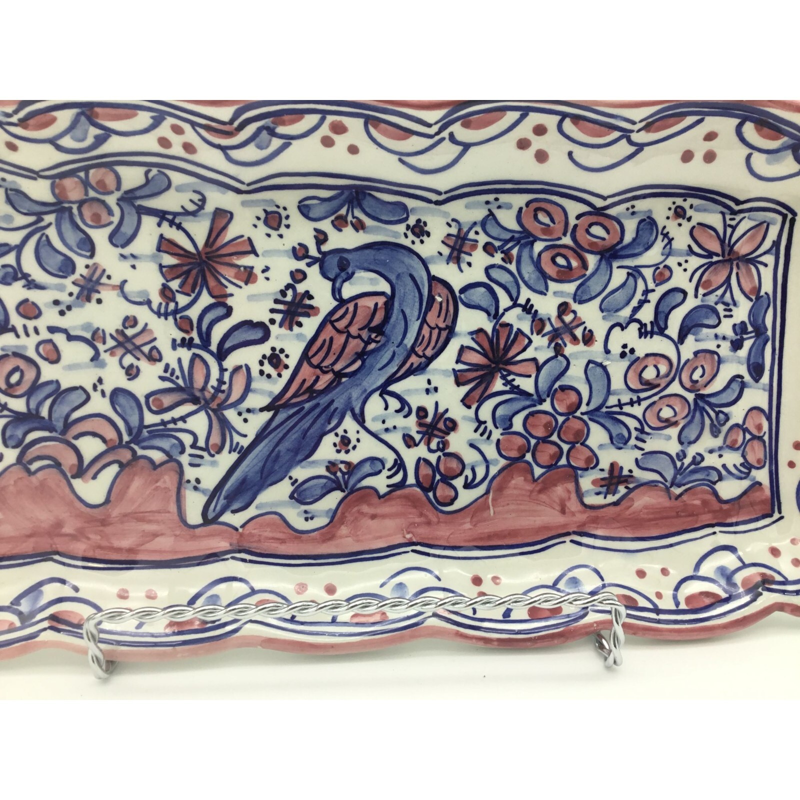 Hand Painted 16in x 6in Ceramic Serving Tray or Decor Peacock Pastels