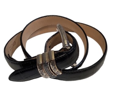 Brighton Black Croc-Embossed Leather Belt with Silver Decorative Buckle 90s Brighton Black Croc Embossed Leather Belt: Silver Tone  main image 4