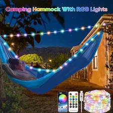 Portable Camping Hammock Bed Outdoor Hanging Swing Travel Sleep Garden w/Light