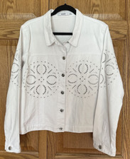 Just Fab White Cut Out Embroidered Design Cotton Jean Jacket Womens Size L