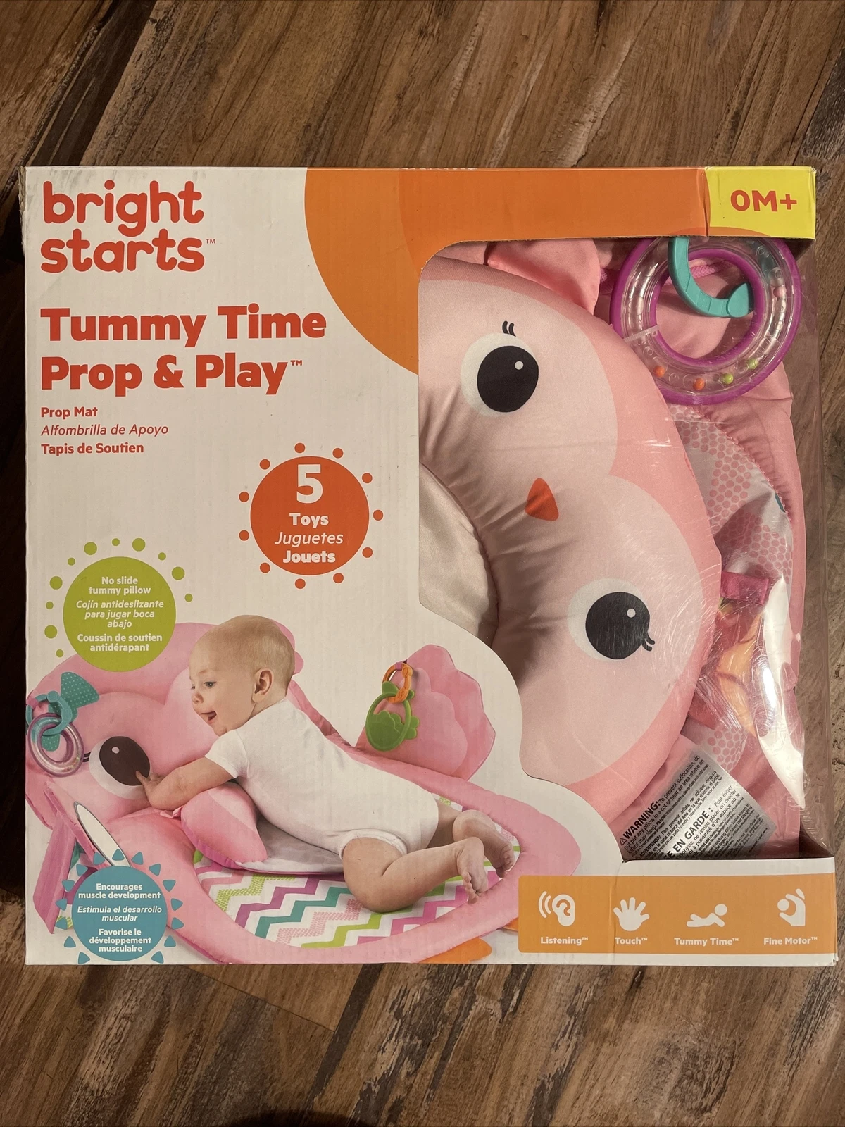 Bright Stars Tummy Time Prop And Play Pink Owl With Five Toys. NIB