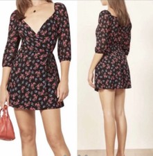 Reformation Eveleigh Wrap Mini Dress Women's Small Floral Print Viscose Black