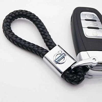 Volvo Black Braided Leather Metal Keyring Key Chain Fob Car Logo Gift