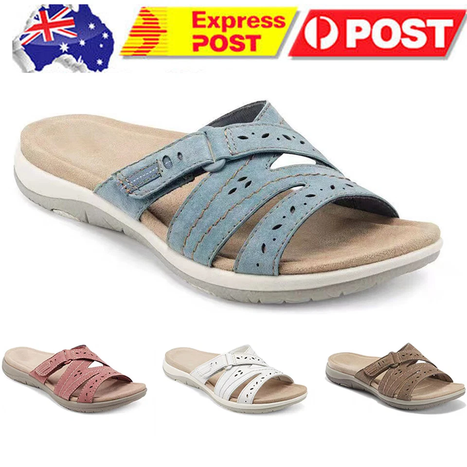 Summer Womens Flat Sandals Round Open Toe Slip On Slides Round Toe Heeled Shoes