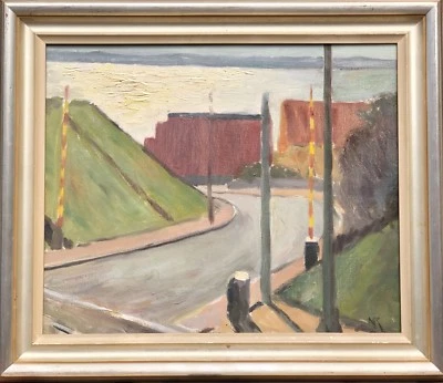 EXPRESSIONIST - STRASSE - HÄUSER - BAHNÜBERGANG - SCHRANKE - MODERN OIL PAINTING - Bild 1 von 4