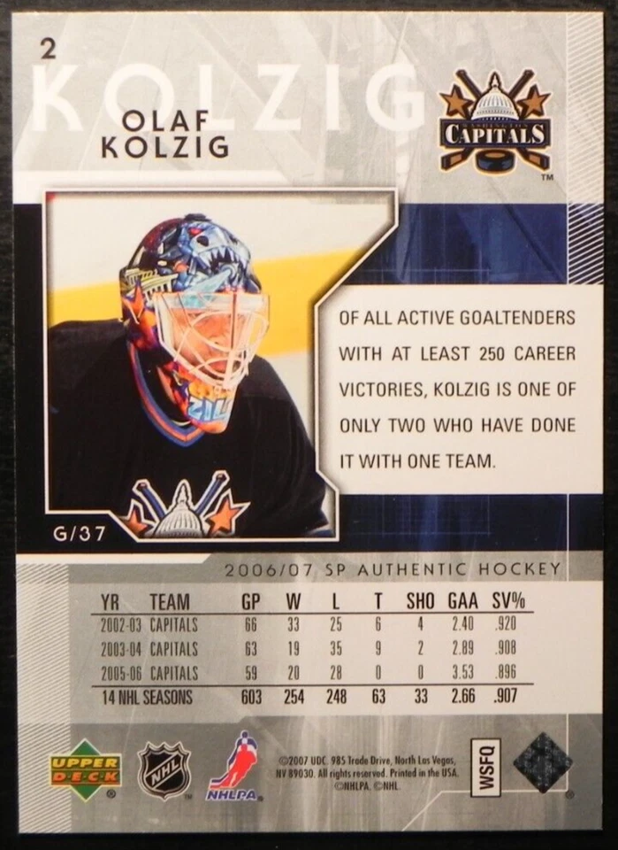 2006-07 06/07 SP Authentic #2 Olaf Kolzig Washington Capitals - Image 2 of 2