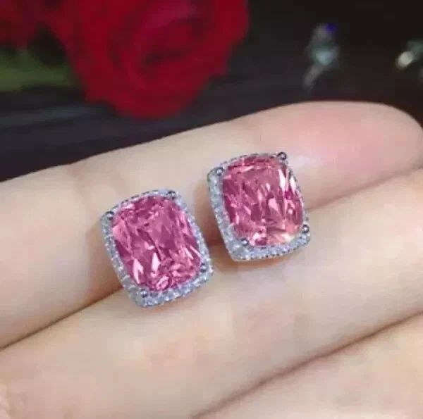 4Ct Cushion Lab-Created Pink Sapphire Halo Stud Earrings 14K White Gold Plated - Image 2 of 4