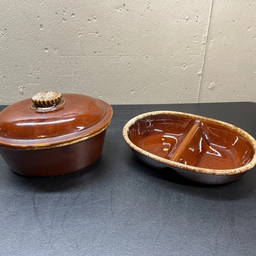 3 Pc Hull Brown Drip (1) Covered (1) Oval Divided Vegetable Bowl Set USA