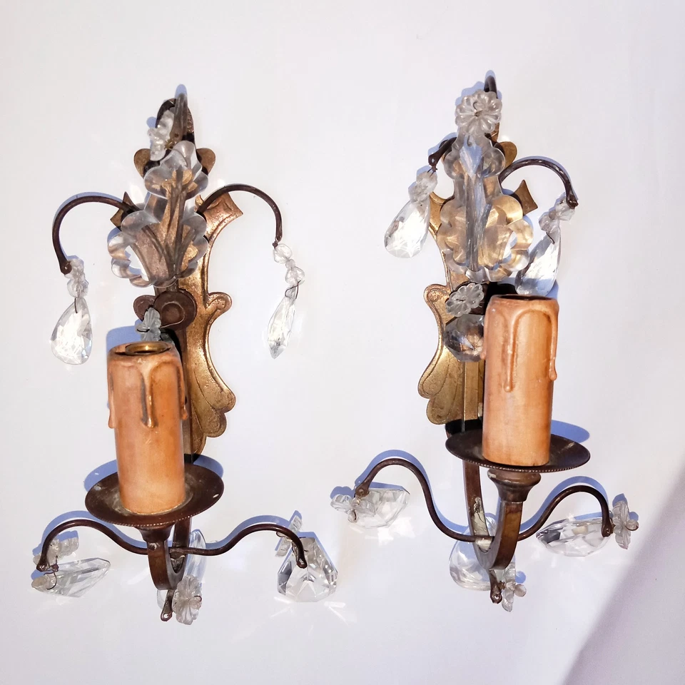 Paire Appliques Pampilles Cristal 2 Bras Metal circa 1920 dans leurs Jus - Photo 4/4
