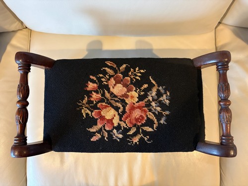 Antique Victorian Wooden Footstool with Needlepoint Upholstery