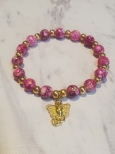 Beautiful Handmade Gold Elephant Charm Bracelet Pink Acrylic Beads  Gold
