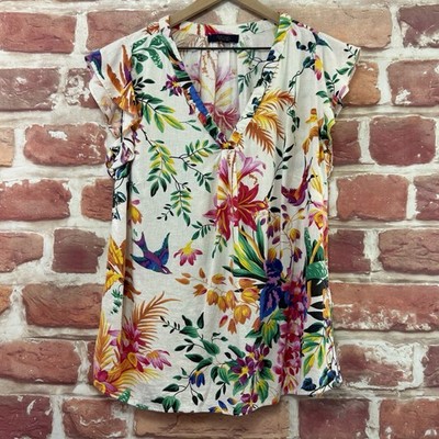 Rachel Roy Top Womens 1X Tropical Floral Birds Linen Blend Casual Shirt