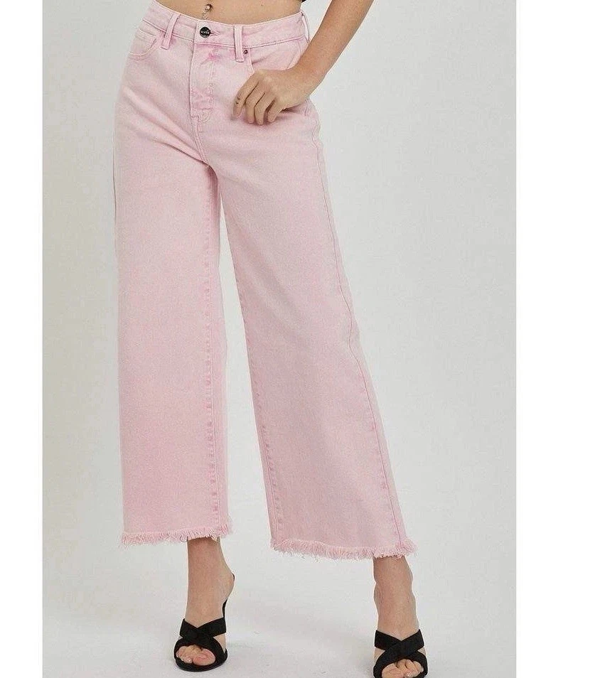 Risen High Rise Wide Leg Jeans Womens Light Pastel Pink Raw Hem Tummy Control
