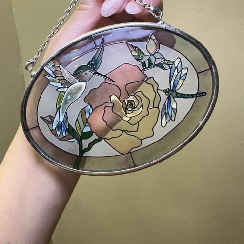 Vintage Buntglas Sonnenfänger Kolibri Blume Libelle hängende Kette - Bild 5 von 7