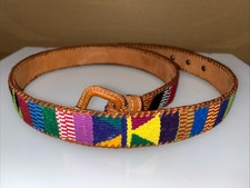 Handwoven Leather Belt Size 38 Multicolor Woven Boho Tribal Ethnic Mint