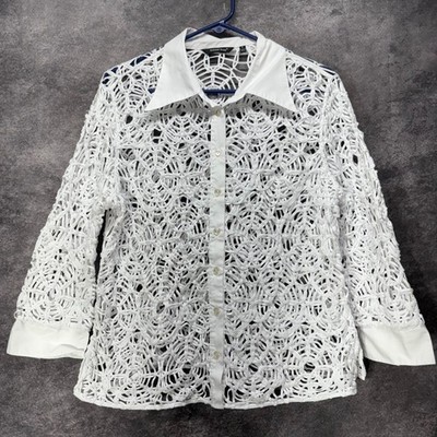 Samuel Dong Sheer Woven Lace Button Up Shirt Blouse Womens XL White 3/4 Sleeve