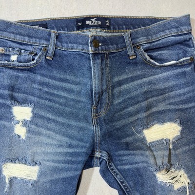 Hollister Skinny Epic Flex Distressed Ripped Blue Jeans Mens 34x30 Medium Wash