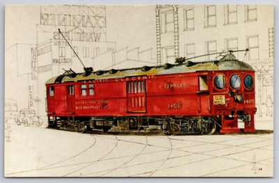 #ad Pacific Electric Railway RPO Car #1405 Art Postcard Los Angeles Interurban $7.65