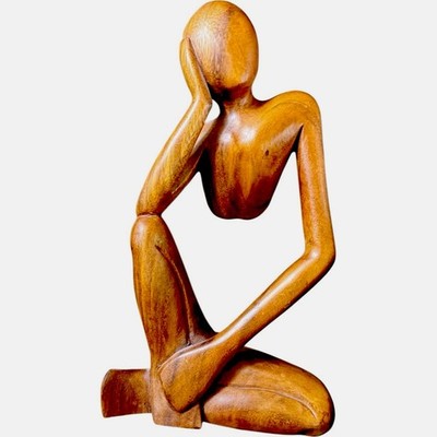 12'' Wooden Hand Carved Abstract Thinking Statue Wood Thinker Sculpture Figurine 
