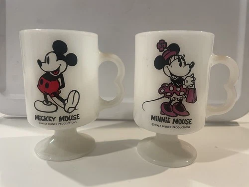 Vintage Mickey And Minnie Milk glass Walt Disney Productions Mugs - Footed