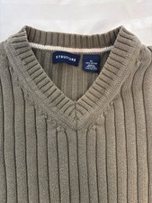 Structure V Neck Ribbed Sweater Mens XL Long Sleeve Cotton Knit Pullover Green
