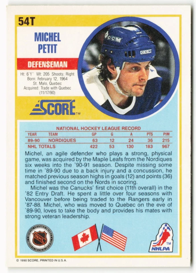 1990-91 Michel Petit Score Rookie and Traded - Toronto Maple Leafs - Image 2 of 2