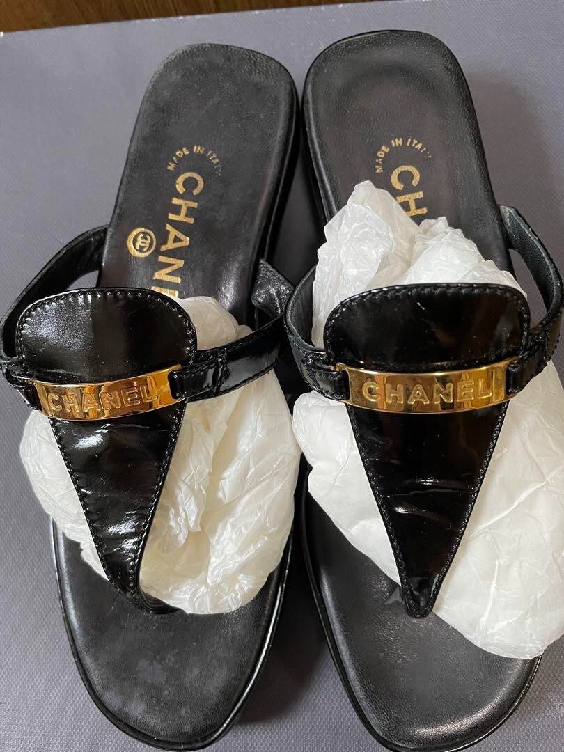 CHANEL Logo Plate Thong Sandals Mules Pumps Shoes Women Size EU 36