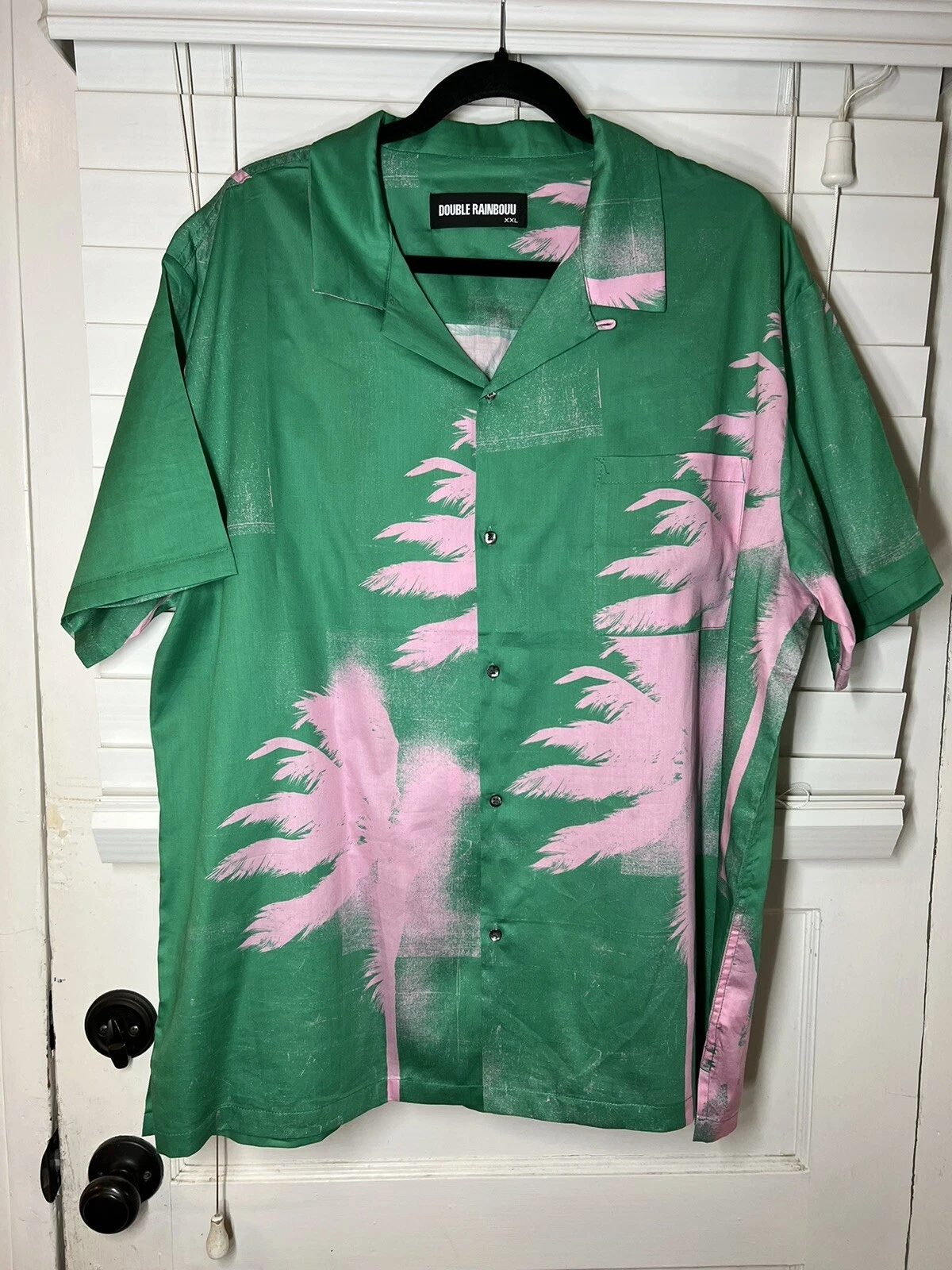 Double Rainbouu unisex short sleeve button Hawaiian print size XXL Green New!