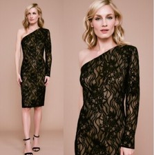 NWT Tadashi Shoji BARCELO ONE-SHOULDER TEA-LENGTH LACE DRESS Black Nude Size 10