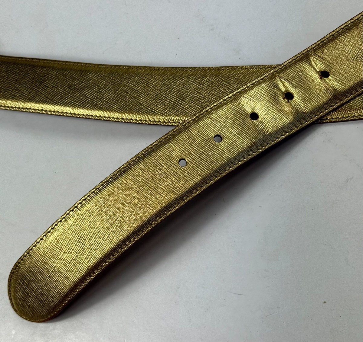 Prada Western Style Saffiano Leather Gold Men Belt Size 85