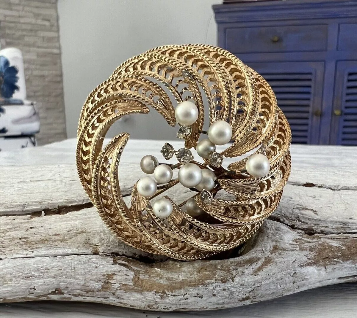 Vintage Miriam Haskell Style Wired Pearl Rhinestone Round Wreath Brooch Pin  #68