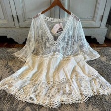 M New White Lace Ethereal Boho Tunic Blouse Top Deep V-Neck Womens MEDIUM / OS