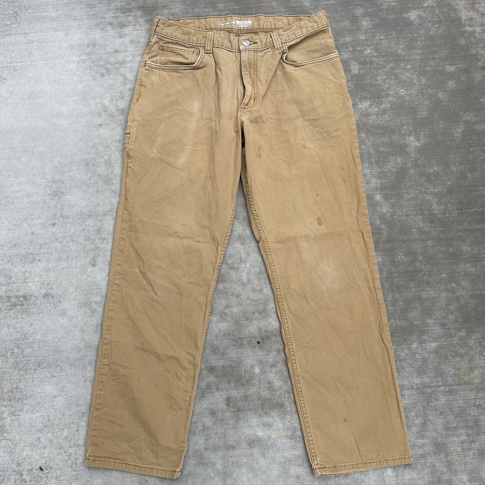 Carhartt Mens Tan Rugged Flex Relaxed Fit Canvas Work Pants 34x32 Thrashed 102517-918