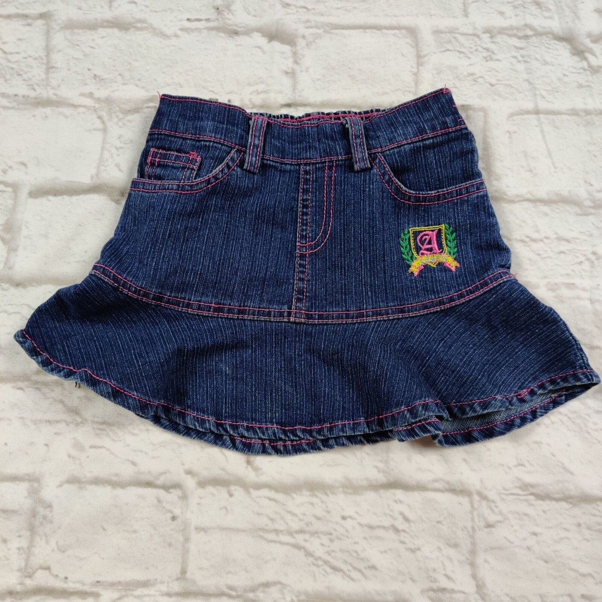 A monogram toddler girls tiered ruffled spring summer short denim