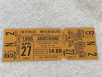 LOUIS ARMSTRONG 1961 ORIGINAL UNUSED CONCERT TICKET JAZZ ORCHESTRA EPHEMERA USA