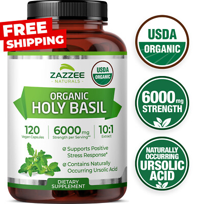 Extra Strength USDA Organic Holy Basil, 10:1 Tulsi Extract, 6000 mg Strength