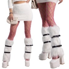 Women Faux Furs Leg Warmers Boot Winter Warm Foot Cover High Waist Pantyhose Set
