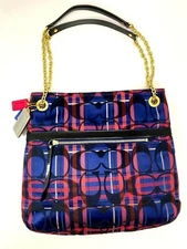 COACH Poppy Tartan C Signature Navy/Pink Plaid Handbag : Snap Chain Tote #21136