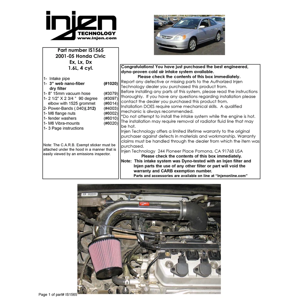 Entrada de aire frío Ram corta de aluminio Injen IS1565P para Honda Civic 2001-2005 1,7 L Foto 4 de 4