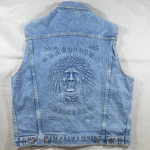 Vintage Denim Jean Vest Mens SM Native American Original Embossed Tyca USA Chief