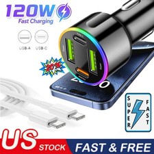 120W Fast Car Charger 4Port Adapter  Cable For Samsung S25 S24 S23 S22 Series