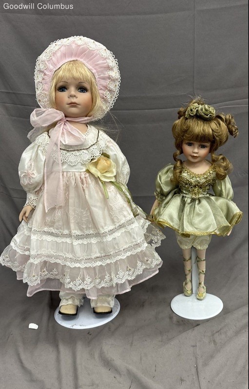 Collectible Porcelain Doll Lot Vintage Victorian Style 2 Pieces With Stands