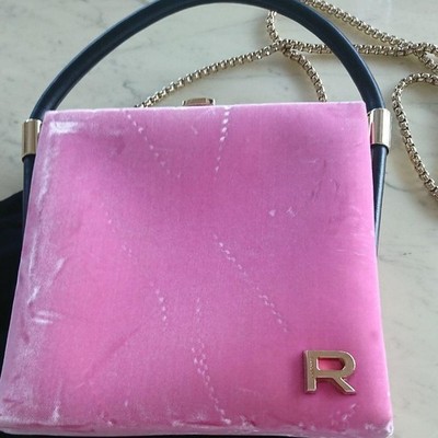 Rochas Pink Velvet Leather Bag Collectionline Women's Handbag with Chain Detail