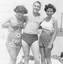 Vintage Photo 1940's Man with Two Women in Swimsuits Smiling Beach Fun