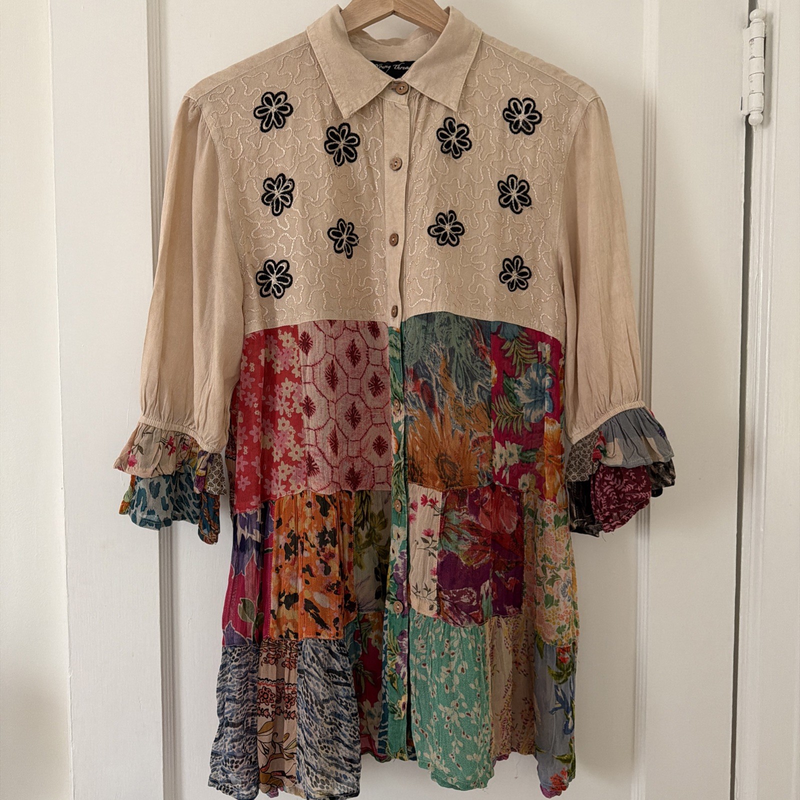 Young Threads S Tan Patchwork  Ruffle Slvs Top Em… - image 1